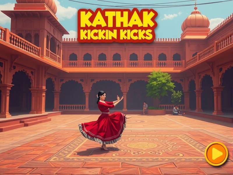 Kathak Kickin Kicks Main Game Screen showing Lucknow courtyard backdrop and Kathak footwork gameplay interface